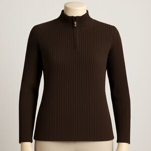 St John Sport by Marie Gray Ribbed Mock Neck Sweater Brown 1/4 Zip Size Large